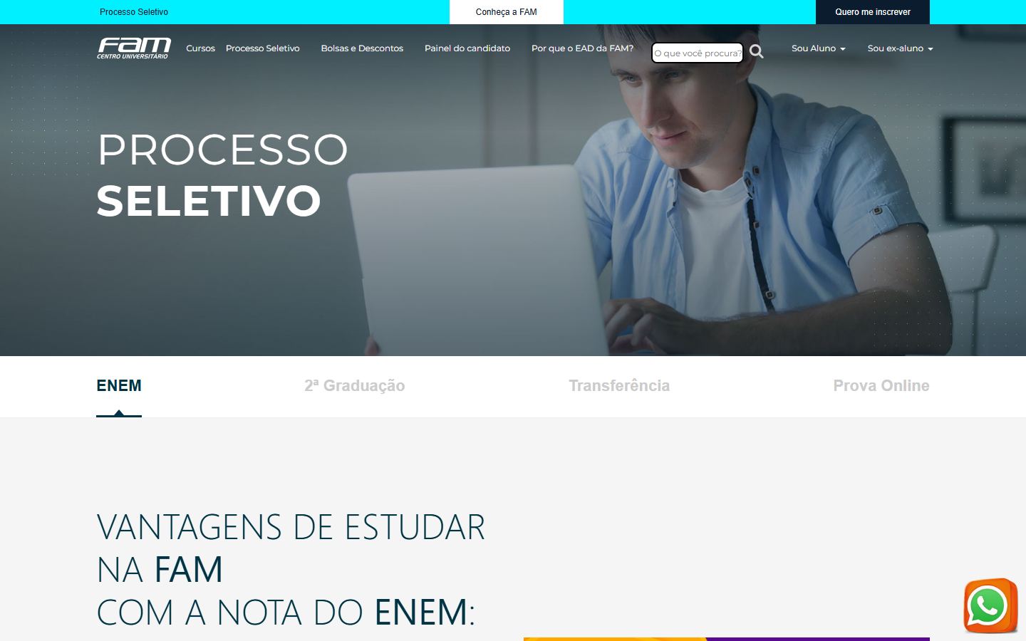 Página inicial do site FAM · Processo seletivo